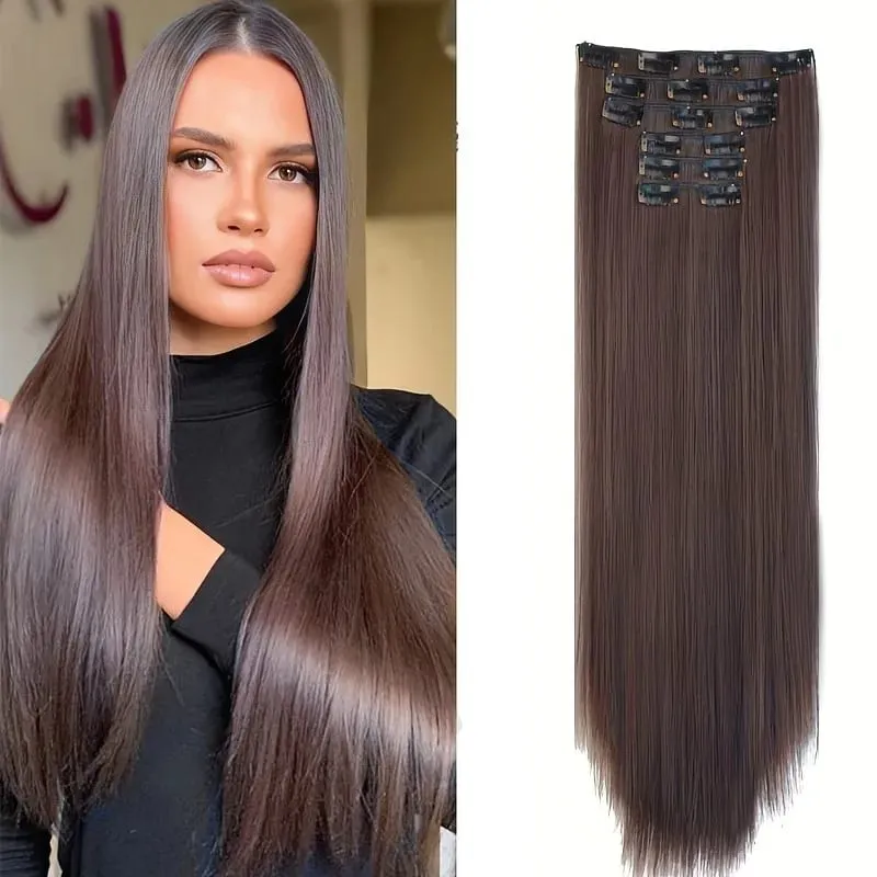 Clip In Hair Extensions Hair Extensions Thick Long Lace Weft Lightweight Synthetic Hairpieces For Women Chocolate Brown With Go — image 9