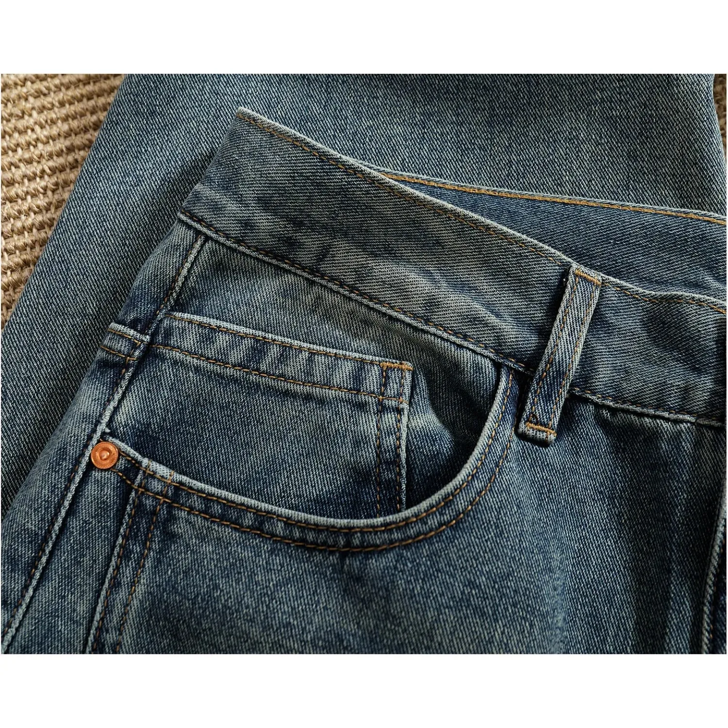 Retro distressed whiskering jeans for men three-dimensional split silhouette wide-leg loose denim trousers