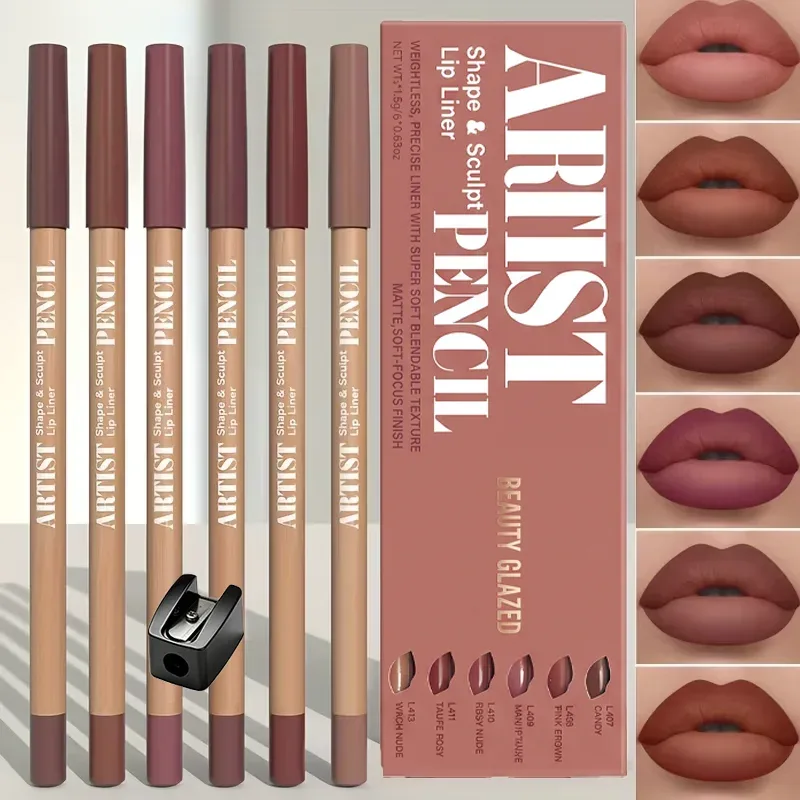 7pcs/Set Nude Lip Makeup Set: 6 Matte Lip Liners + Sharpener. Long-Lasting Matte Lip Liners With A Waterproof Lip Liners