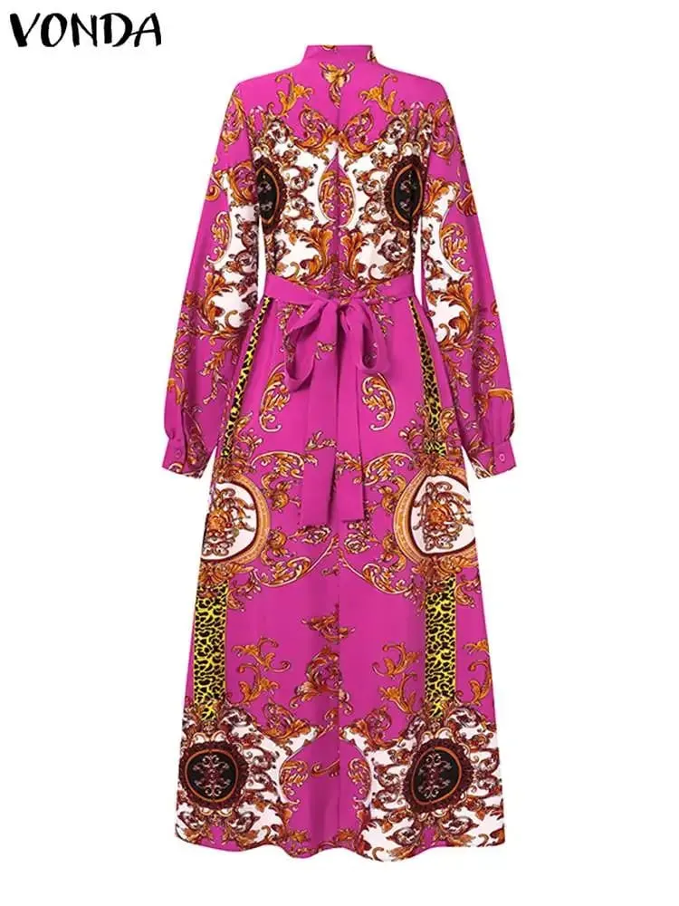 맥시 드레스 2024 여름 여성 보헤미안 인쇄 파티 Sundress 긴 소매 스탠드 칼라 캐주얼 가운 휴일 Vestidos Belted