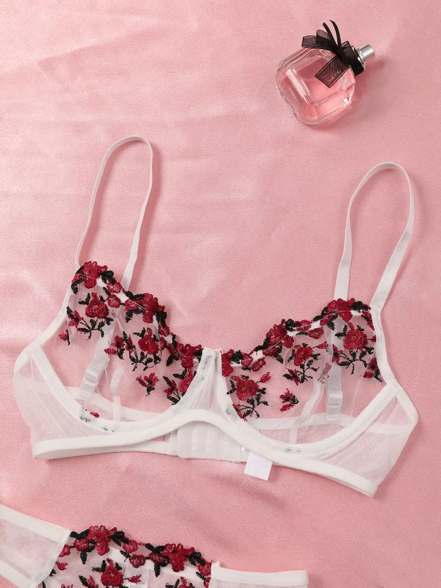 Conjunto de sujetador y bragas de lencería de encaje sexy, ropa interior para mujer, conjunto de Bralette con bordado de flores