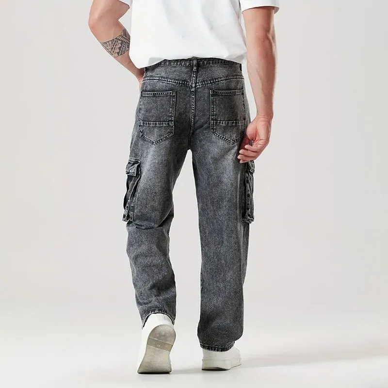 Korean Casual Comfortable Loose Fitting Jeans For Men Large Pocket Jeans Seasons Straight Leg Pants Work Pants