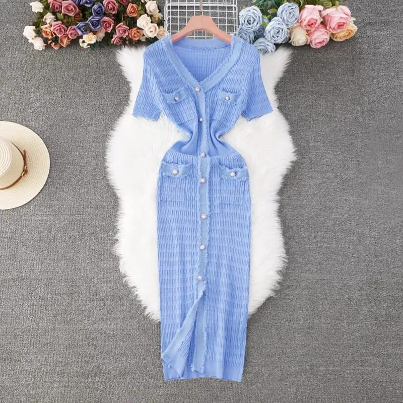 YuooMuoo 2026 New Arrival Women Knitted Long Dress Elegant V-neck Single-breasted Split Sweater Dress Office Lady Vestidos — image 2