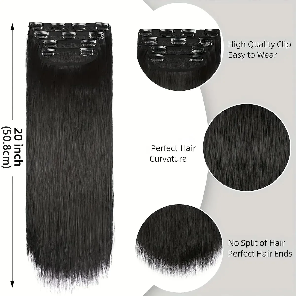 20" Straight Super Long 7 PCS Set Thick Clip in on Hair synthetic Extensions Straight Full Head Black for African Americans