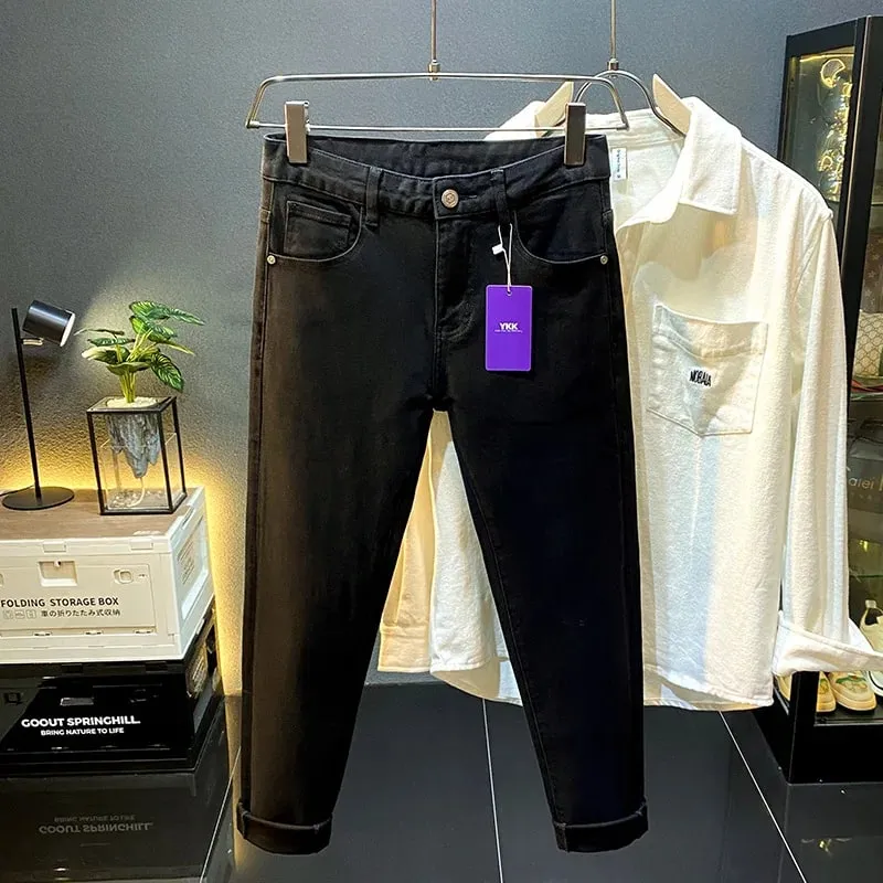 Men's Black Jeans Slim-Fitting Small Straight 2024 New Fall Men's Clothing High-End Denim Casual Long Skinny Pants