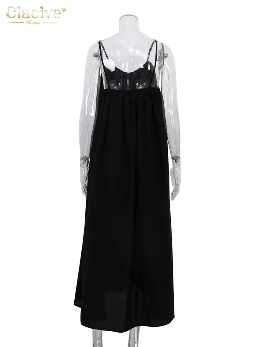 Clacive Summer Loose Black Women'S Dress 2023 Fashion Strap Sleeveless Ankle-Length Dresses Elegant Backless Female Sundress