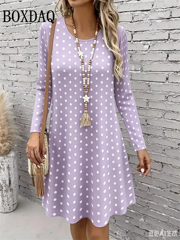 Polka Dot 3D Print Dresses For Women 2026 Autumn Fashion Long Sleeve A-Line Dress Women Casual O-Neck Loose Home Dress Vestidos