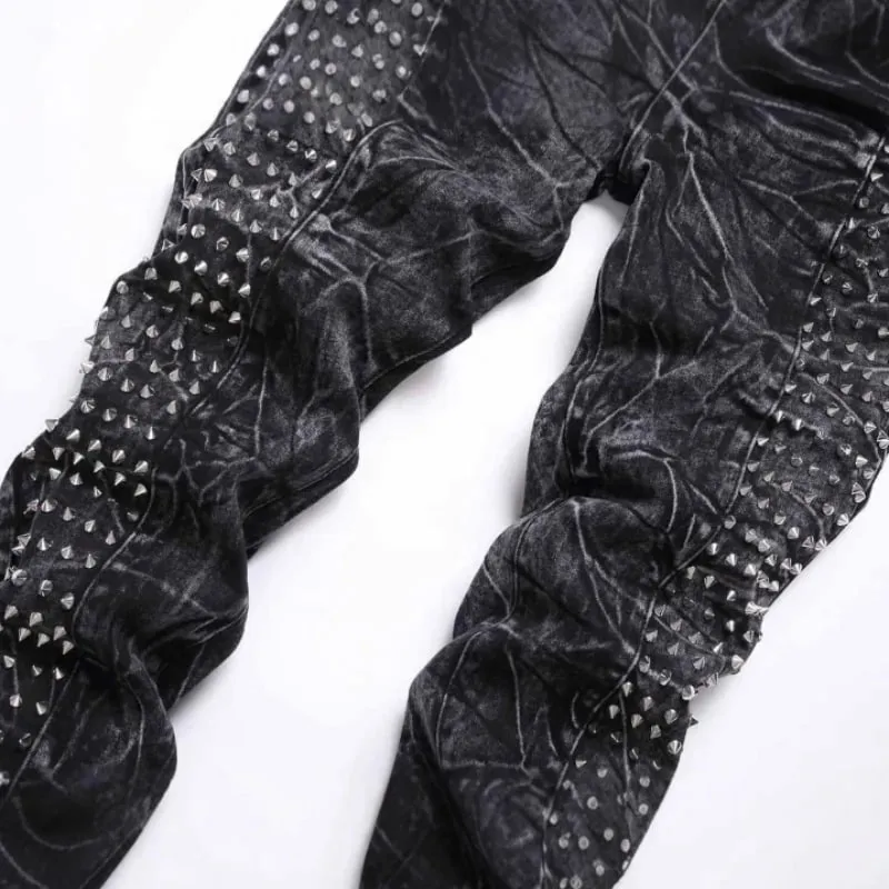2025 nuevo cuatro estaciones Retro Punk High Street moda negro lavado anticuado adelgazamiento y anticuado Willow Nail Jeans para hombres