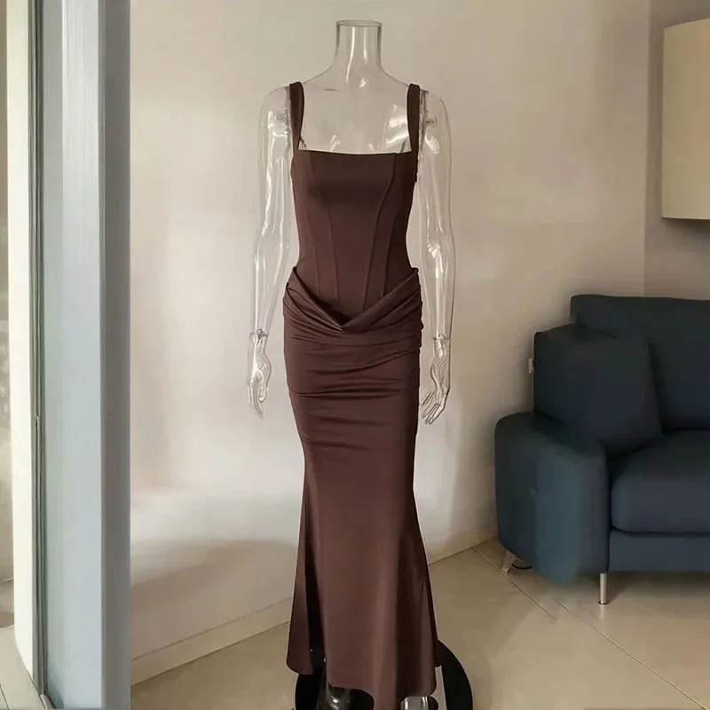 Typhaland Abito maxi pieghettato sottile per le donne Abito da sera sexy senza maniche con scollo tondo Estate 2026 Abiti femminili solidi di moda