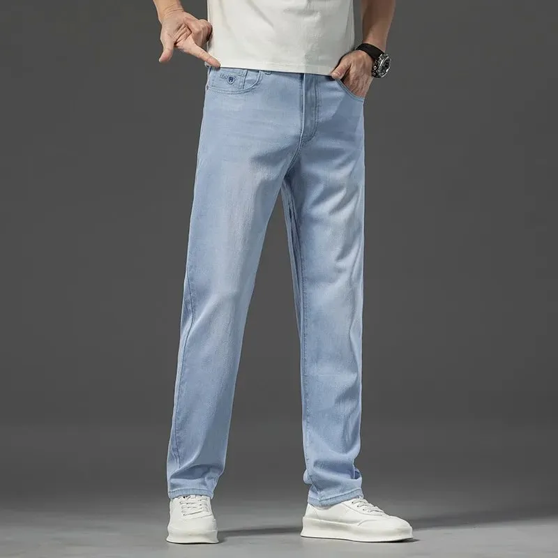 2026 Spring Summer New Men's Thin Light Blue Jeans Business Casual Stretch Pants Denim Trousers Male Brand Clothing