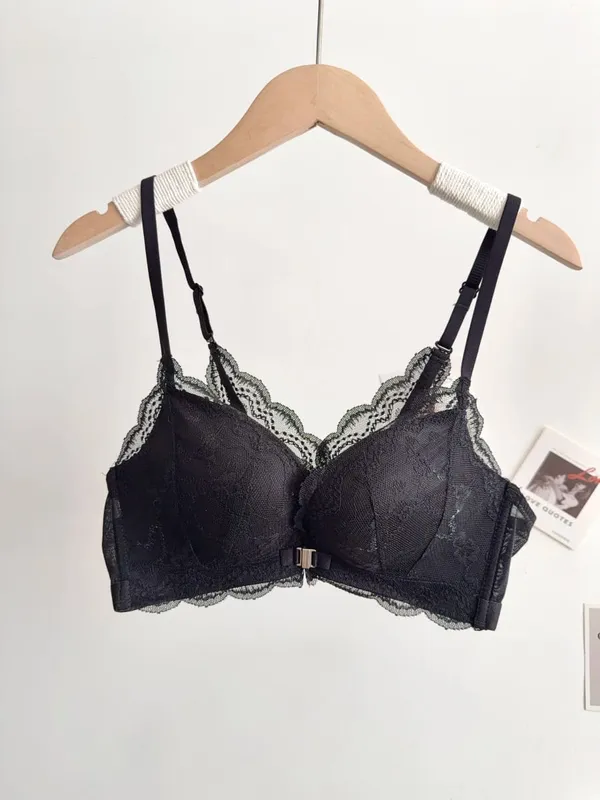 Set Bra Renda Payudara Kecil Wanita Penutupan Depan Wayarles Cantik Belakang Tekan Ke Atas Bra Pakaian Dalam Harian Lembut Saiz 32‑38AB — image 9