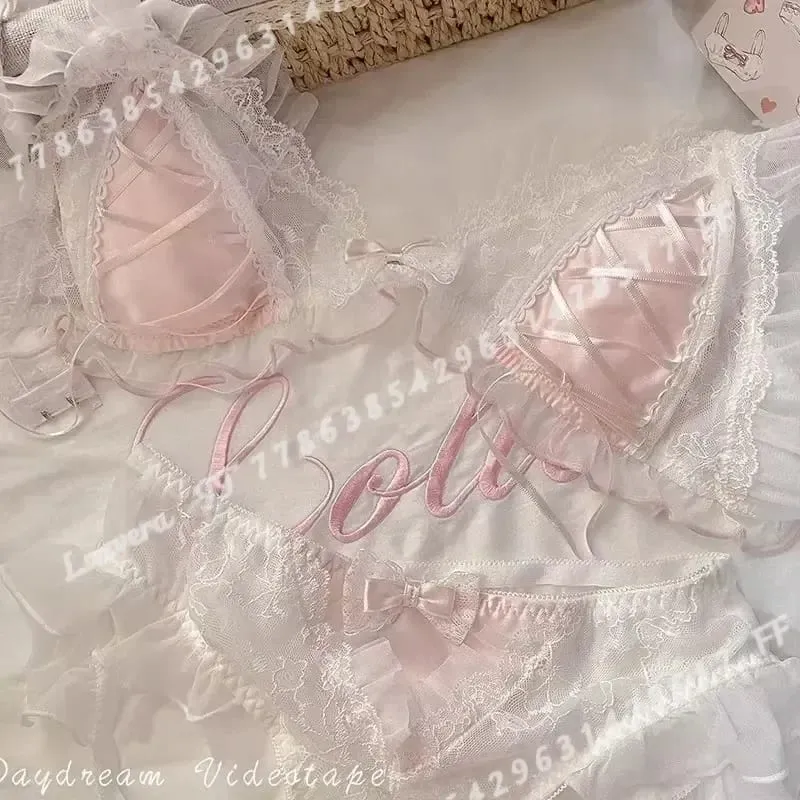 Lolita Style Thin Lace Triangle Cup Bra Set for Women Cute Small Bust Sexy Lingerie Underwear