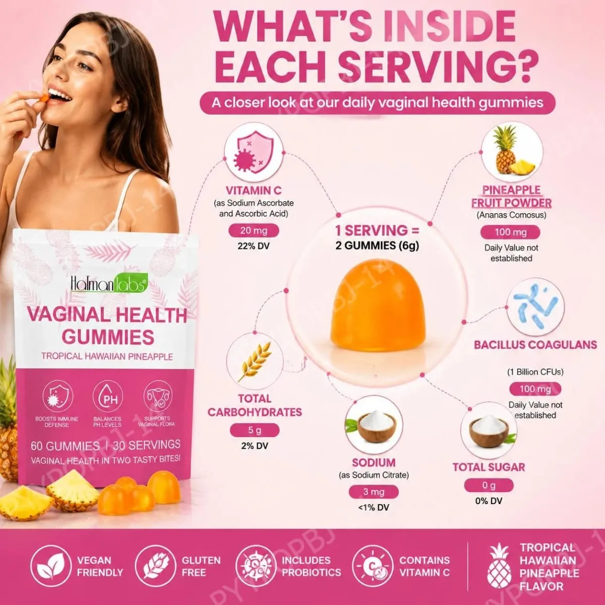 HolmanLabs Vaginal Health Gummies with Vitamin C and Probiotics Supports Vaginal Flora Helps Balance PH Levels 60 Gummies