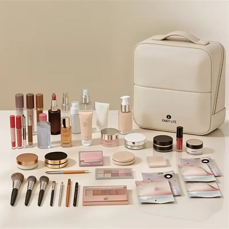 Standing Makeup Brushes Storage Bag PU Leather Multi Compartment Cosmetic Tools Bag Large Capacity Skincare Toiletry Organizer