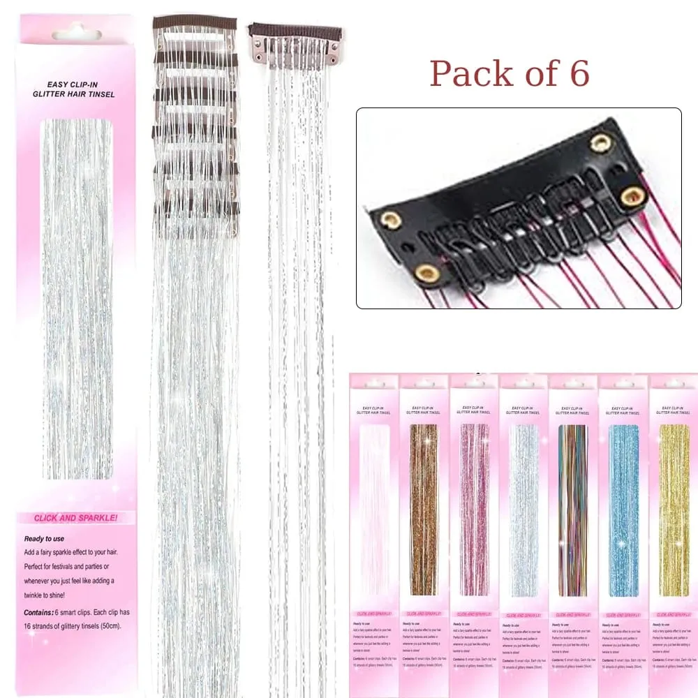 Hårglitterpaket med 6 st Klämma i hårglitter 20 tum Färgglada glitter glitter Hårförlängningar Festival Present glitter Fairy Hairpiece