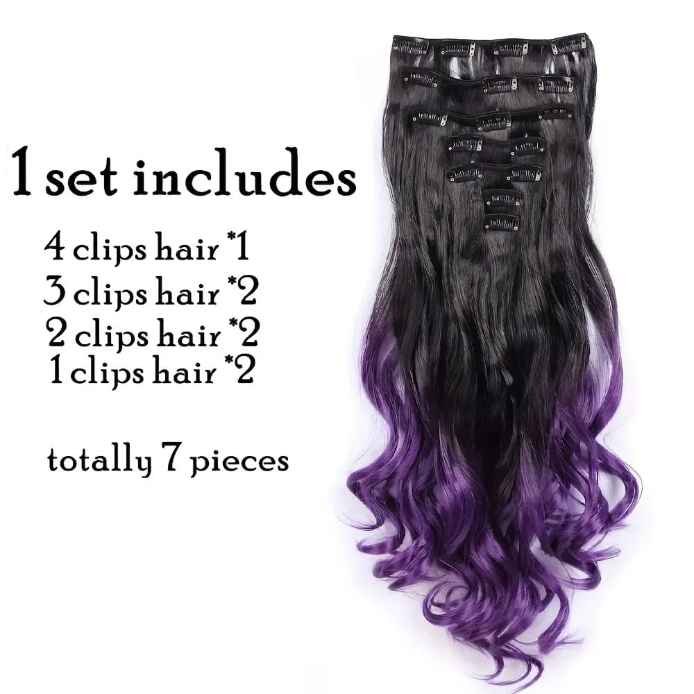 Clip in Hair Extensions Ombre Color Synthetic 7pcs Set Wavy Curly Hairpieces Black to Purple For Women Girls