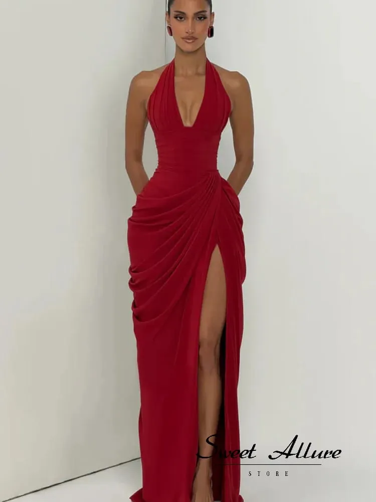 Women Fashion Solid Pleated Halter Dress Waist-cinching Sleeveless Backless Split Maxi Dresses 2026 Sexy Summer Lady Party Gowns