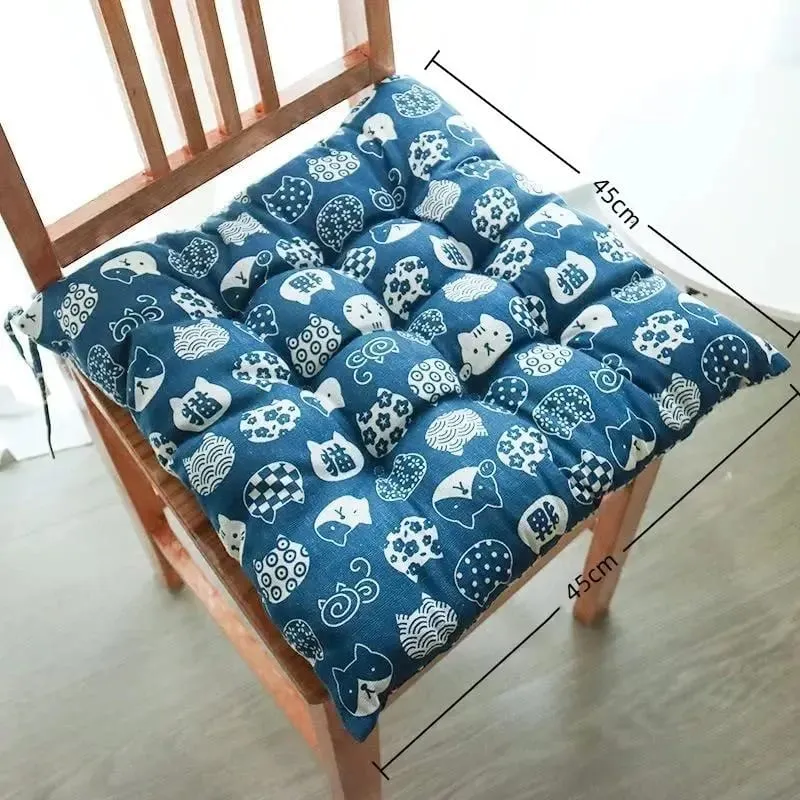 Non-deformable Thick Padded Square Seat Cushion Cute Cartoon Prints with Fixed Ties for Long Time Sitting