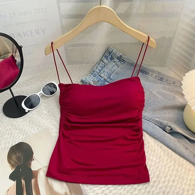 Y2K Streetwear Women Spaghetti Strap Crop Top With Bra Bodycon Sleeveless Cami Tube Top Basic Camisole Tees Korean Women Clothes