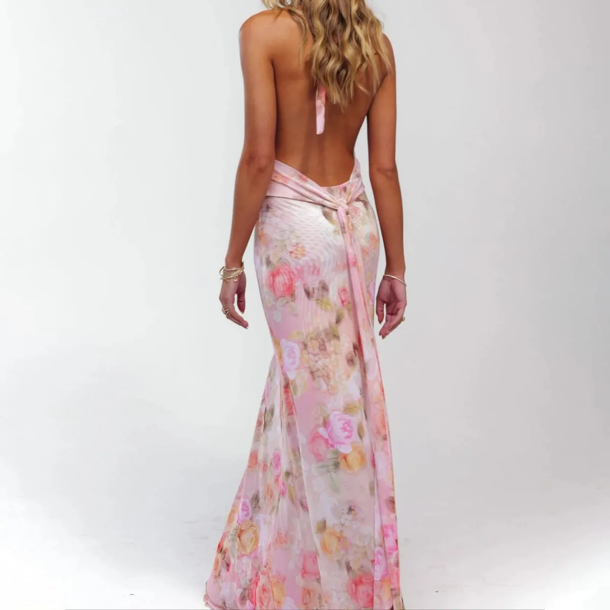 Combhasaki Women Summer Sleeveless Tie-up Halter Deep V-Neck Backless Flower/Dots Print Ruffle Hem Mesh Ruched A-line Long Dress