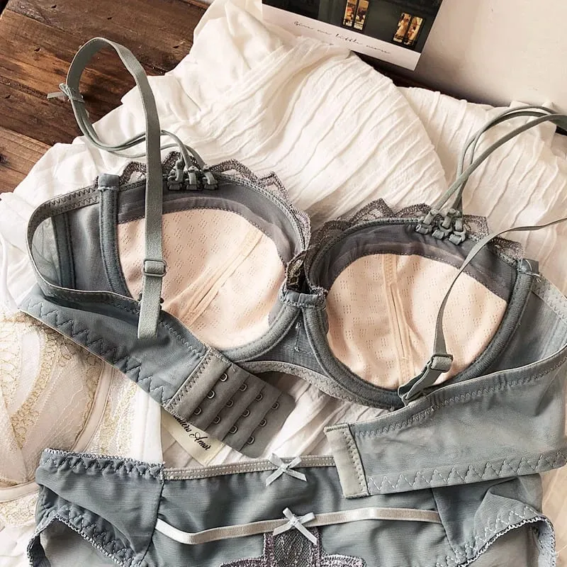 Sexy Embroidery Lace Shell Half Cup Small Breasts Push Up Bra Set Thicken Adjustable Pad Brassiere Panties Girls Underwear