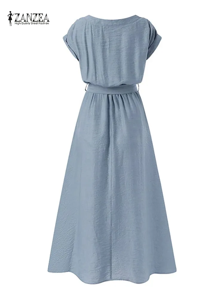 2025 ZANZEA ผู้หญิงแฟชั่นแขนสั้นฤดูร้อน Elegant Party Vestidos Casual กลางลูกวัว Sundress Femme Vintage OL Robe Kaftan