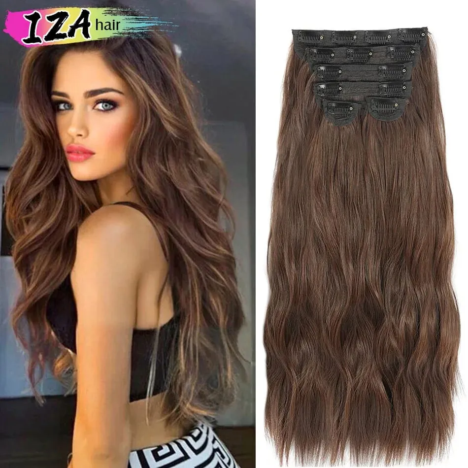 Synthetic Long Wavy Clip In Hair Extensions 20" Thick Hairpiece 6pcs/set For Women Brown Blonde Black Natural Fake Fiber Hair