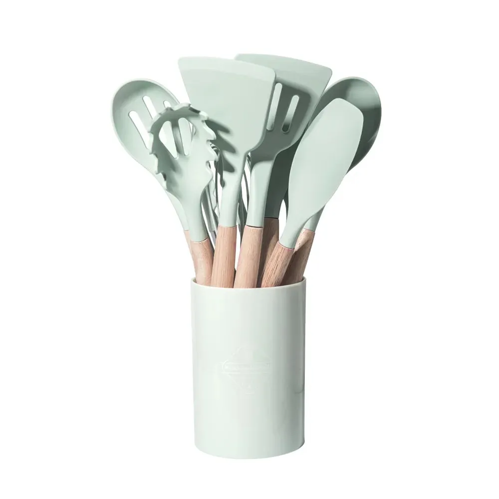 12pcs Set of Multi-color Silicone Wooden Handle Kitchenware Set Non Stick Pot Spatula and Spoon Cooking Utensils Heat-resistant