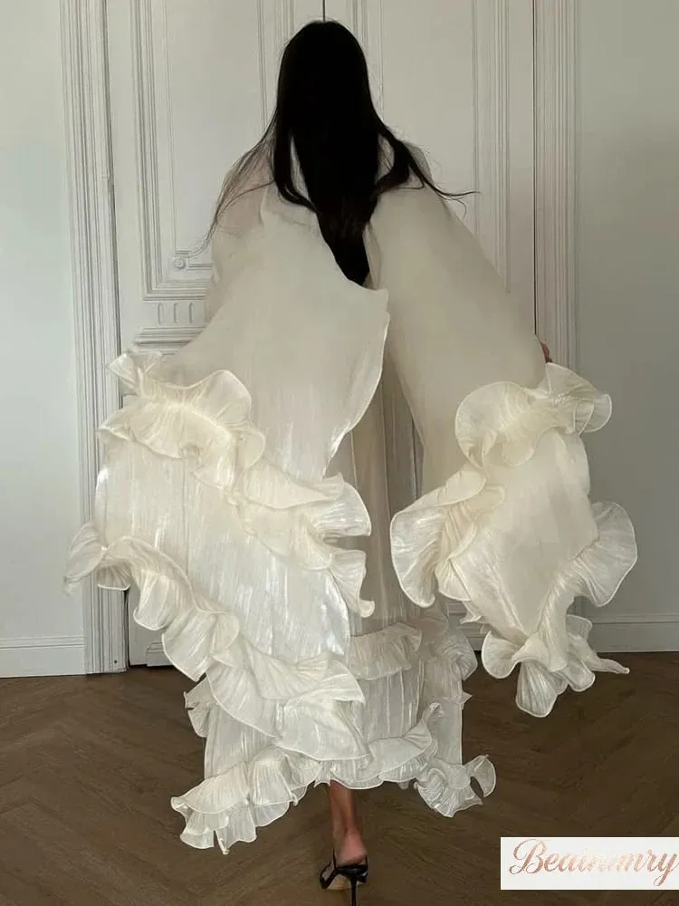 Abito maxi con volant multistrato solido Abito elegante senza maniche con spalle scoperte a vita alta da donna 2026 Abbigliamento femminile per le vacanze