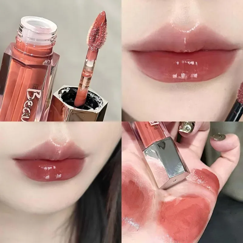 Ice Transparent Brown Lip Gloss Moisturizing Glossy Liquid Lipstick Nude Water Light Glass Mirror Lip Glaze Long-lasting Makeup