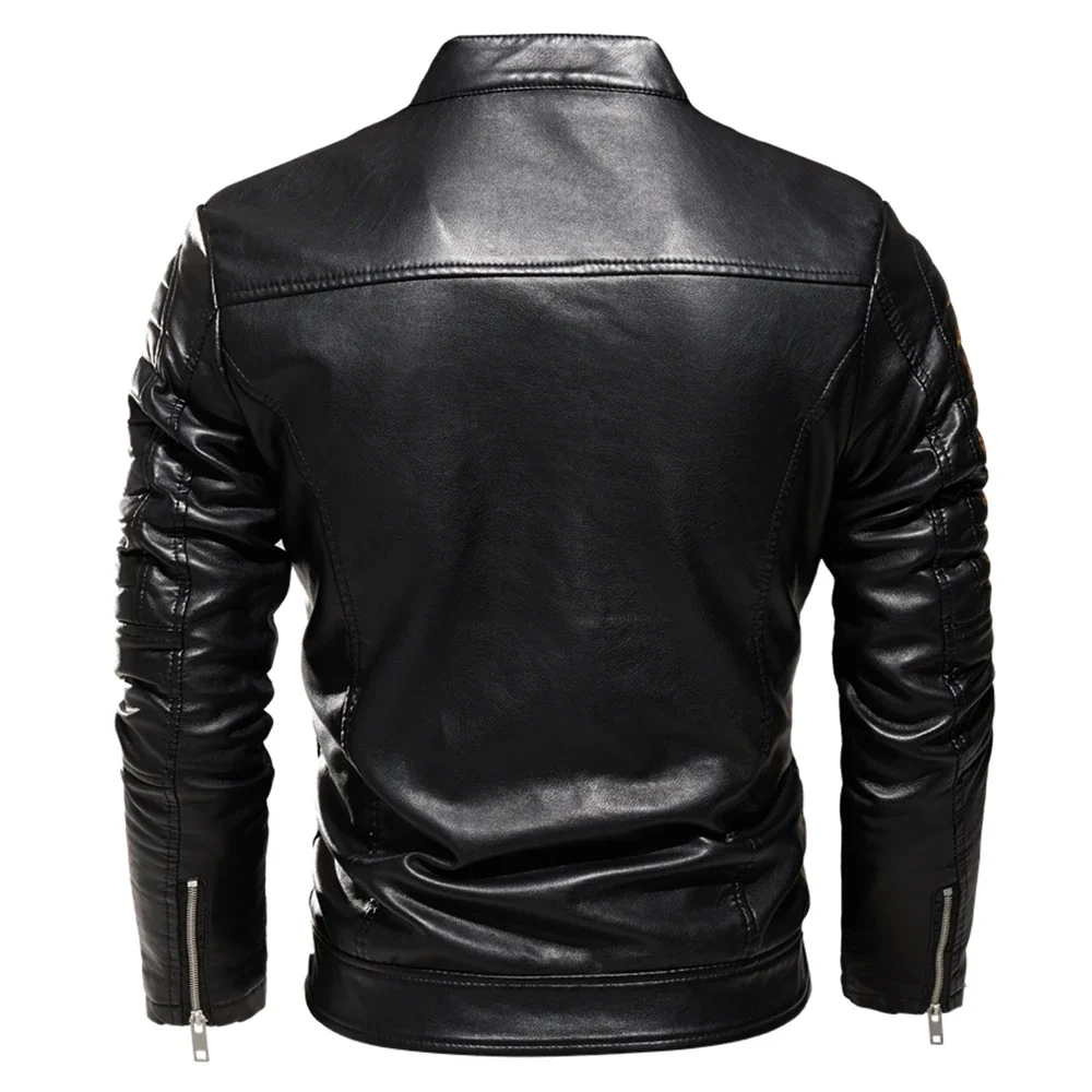 2025 Winter Black Leather Jacket Men Fur Lined Warm Motorcycle Jacket Slim Street Fashion BLack Biker Coat Pleated Design Zipper
