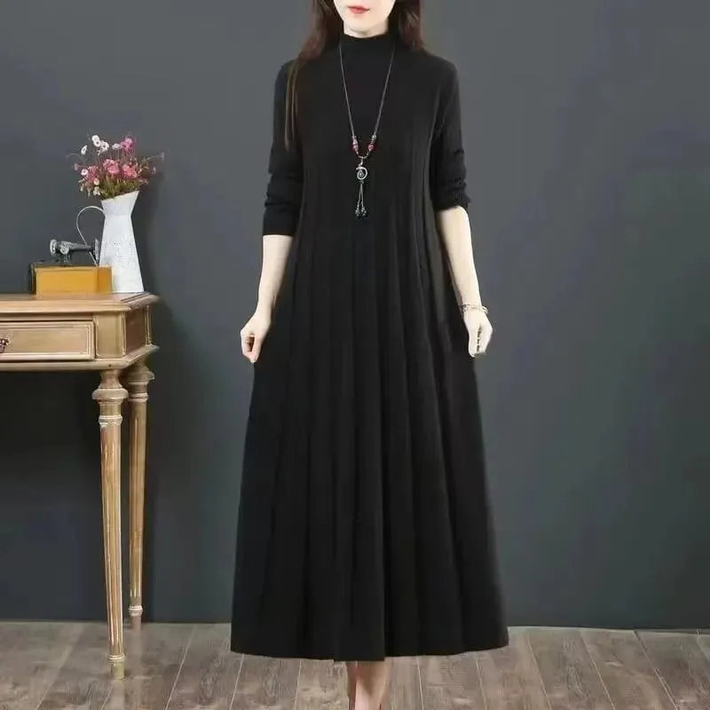 Autumn/Winter Women Knitted Dress 2025 New Solid Loose Pullover Half High Collar Long Knitted Sweater Dress Female High-Quality