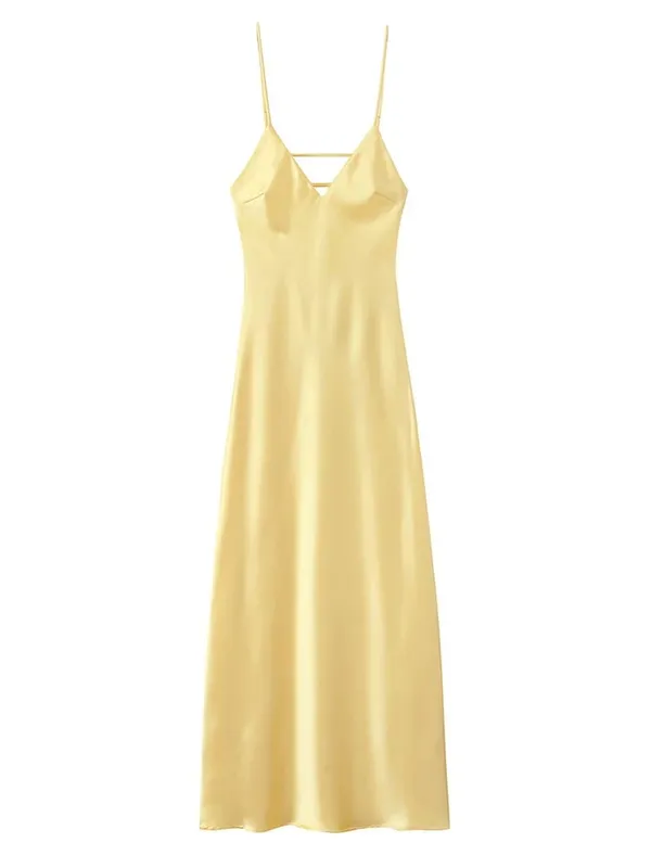 Sexy Gelb Satin Spitze Patchwork Kleid Spaghetti Strap Ärmellose V-ausschnitt Bias Cut Weibliche Kleider 2026 Sommer Abend Party Robe