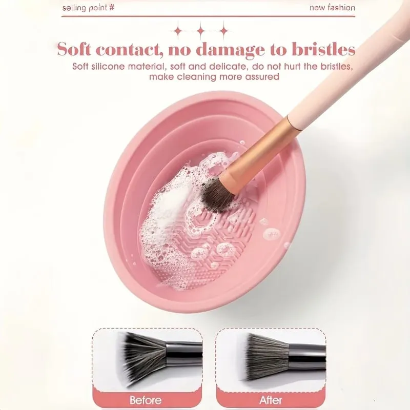Foldable Silicone Makeup Brush Cleaner Bowl Textured Scrubber for Brushes Puffs Sponges Travel Washing Tool Compact