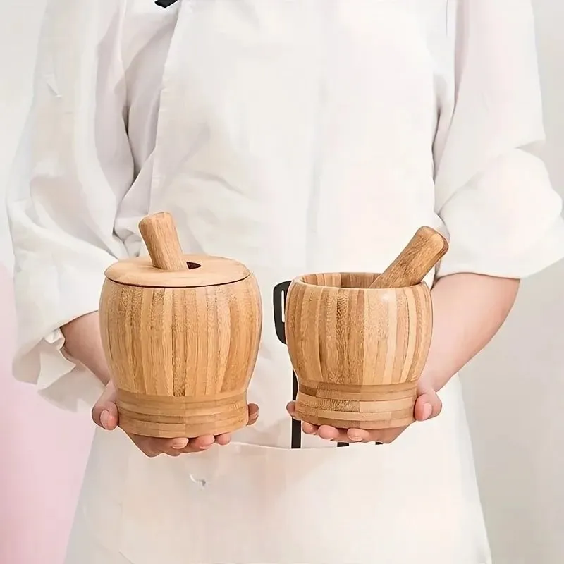 1set Bamboo garlic jar household kitchen food mixer garlic puree grinder with lid