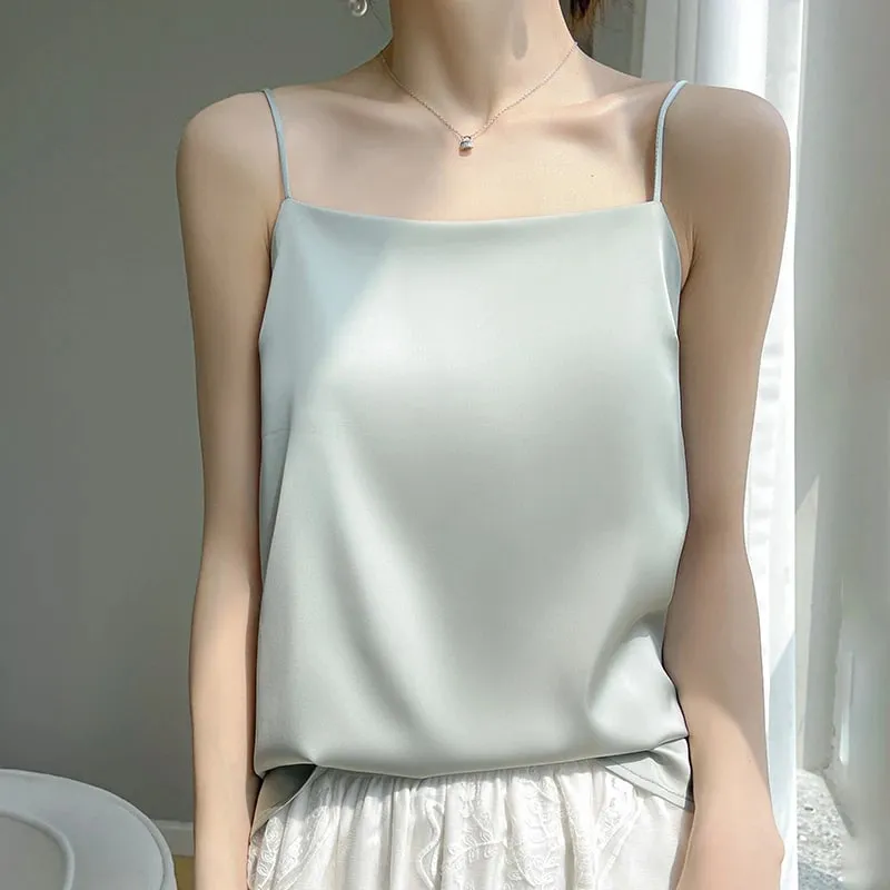 Silk Satin One-Shoulder Sexy Strap Vest Women's Sleeveless Suit Inner Wear Base Shirt Backless Commute Style Pure Color Summer