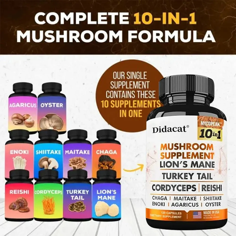 Mushroom Supplement 10x Complex - for Memory Learning Thinking and Concentration. Immunity Energy Brain Health