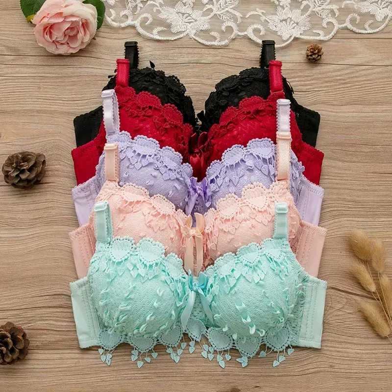 Women Wireless Lingerie Set Tassel Lace Bow Decor Push‑Up Bra & Panty Suit Adjustable Straps Ladies Intimate Underwear 32-38
