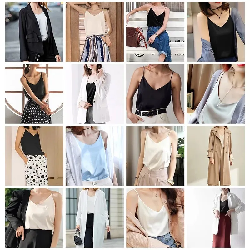 2026 Spaghetti Strap Top Women Halter V Neck Basic White Cami Sleeveless Satin Silk Tank Tops Women'S Summer Camisole