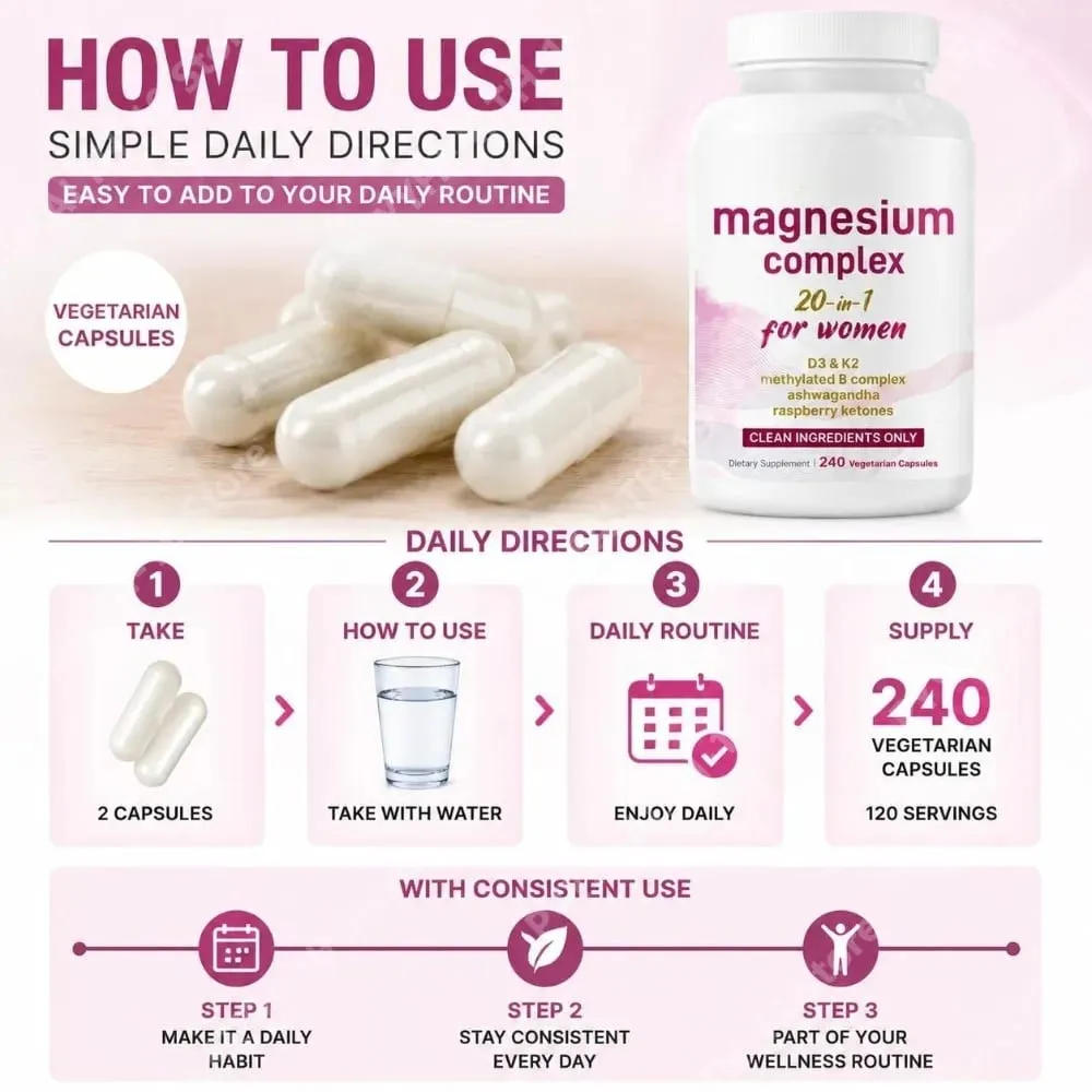 Magnesium Complex for Women Capsules with D3 K2 B12 Biotin & Ashwagandha for Energy Calm & Wellness Support 240 Capsules