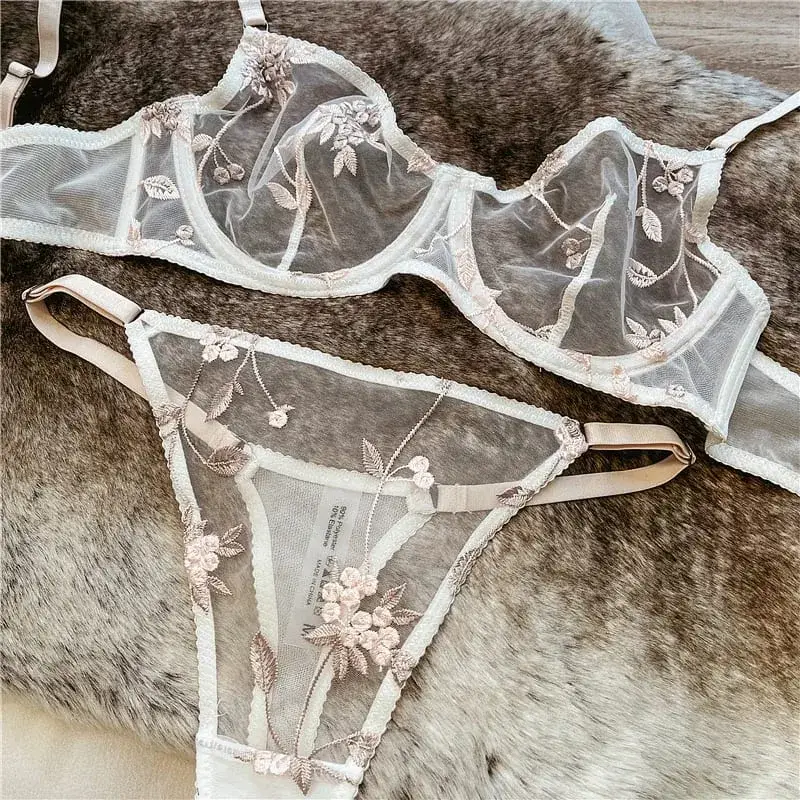 Supportive Underwire Lingerie Set Sheer Mesh Bra & Briefs Sexy Embroidered Lace Ultra Thin Demi Cup Anti-Sag Date Gift for Her