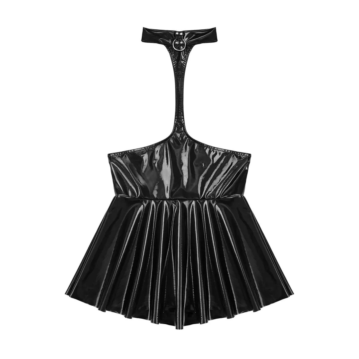 Womens Shiny Metallic Faux Leather Hollow Out Halter Backless Mini Skater Dress Wet Look Pleated A Line Skirt Party Clubwear