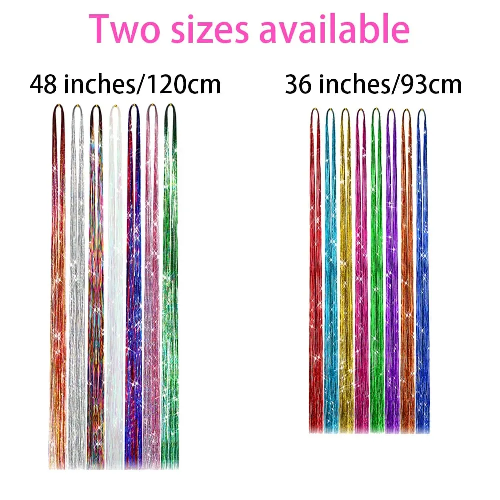36/48Inch Sparkle Hair Tinsel Rainbow Colored Strands Girls Headwear Hairbinge Hair Laser False Hair Extensions Decor Glitter