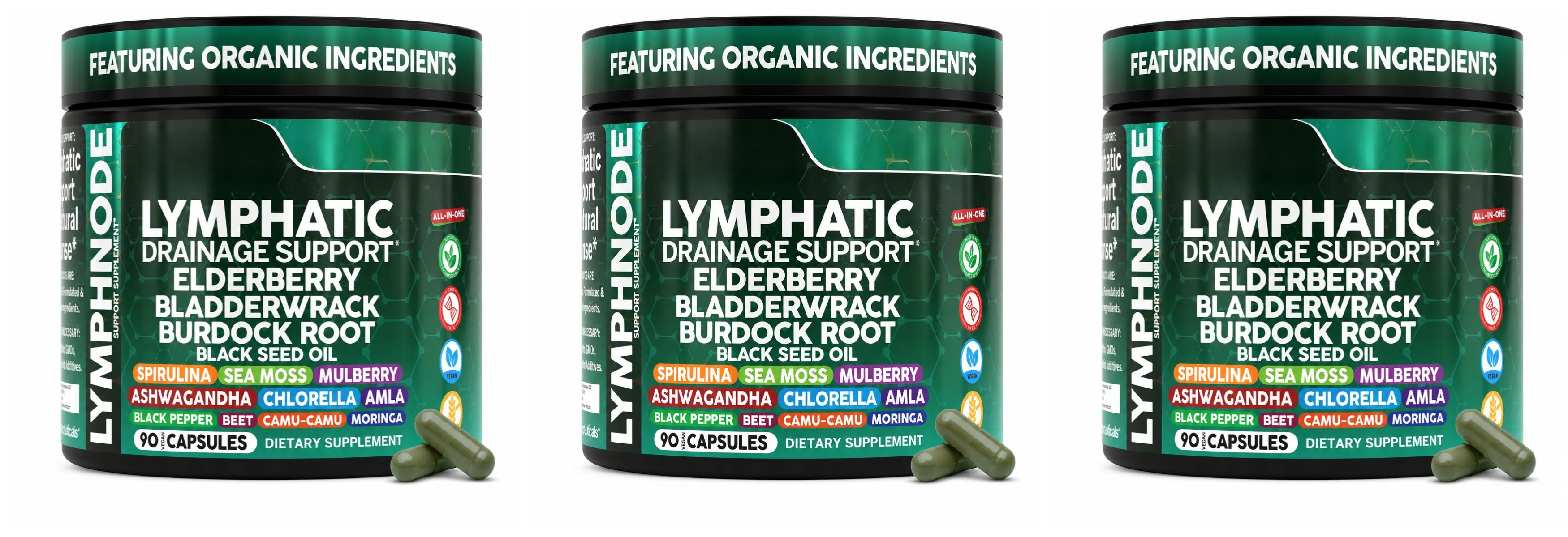 Organic Lymphatic Drainage Supplements with Elderberry Burdock Root Chlorella & Ashwagandha 90 Count Daily Wellness