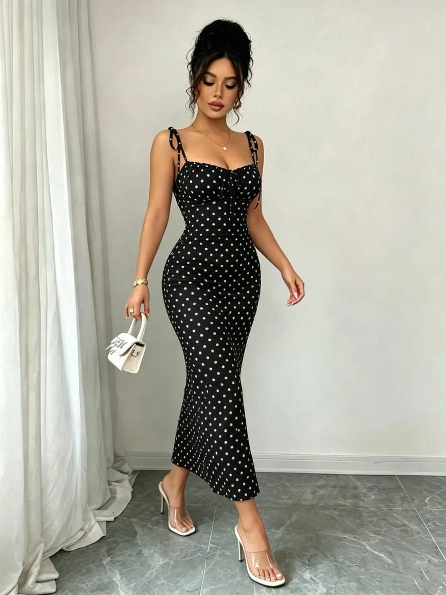 Black and White Polka Dot Bow Mid-Length Dress Pleated Tight-Fitting Fishtail Dress Vintage Slim-Fit Fishtail Party Long Dress