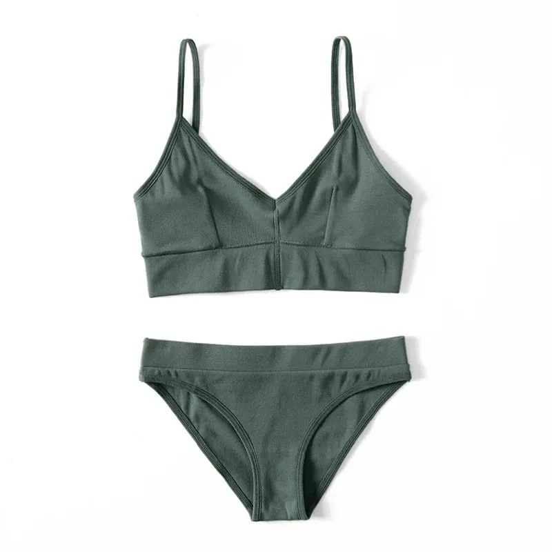 Women Lingerie Set V‑Neck Thin Strap Bra And Briefs Solid Color Soft Stretch Underwear Sleepwear