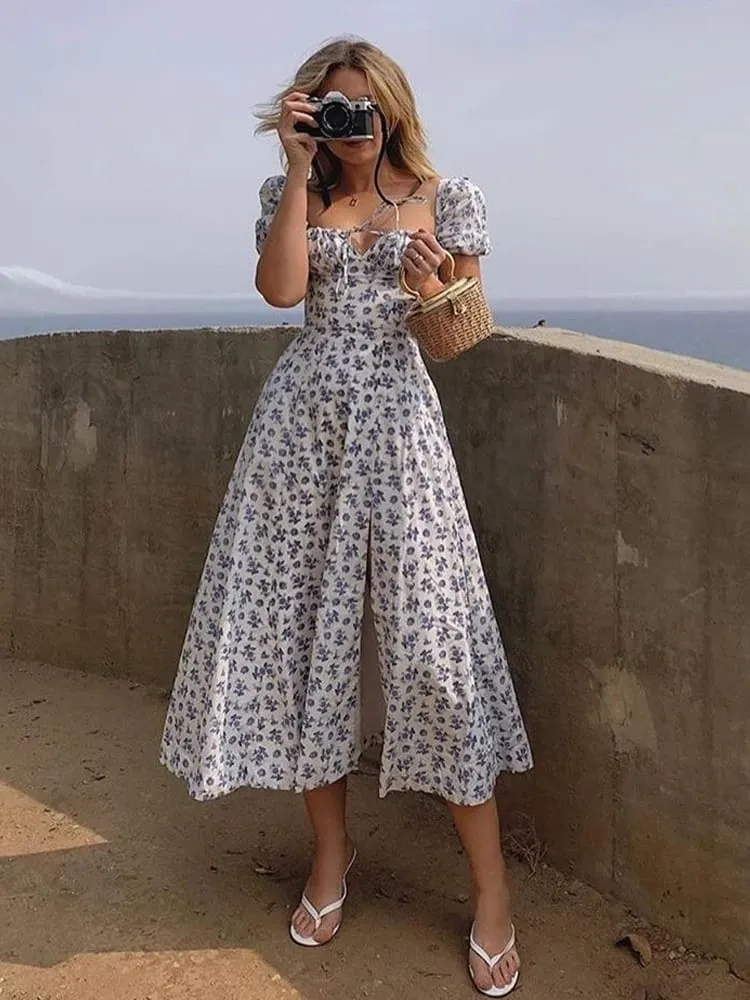 NewAsia Floral Print Dress Sweet Square Neck Puff Sleeve Side Spilt Drawstring Maxi Dresses for Women Party Chic Casual Outfits — image 2