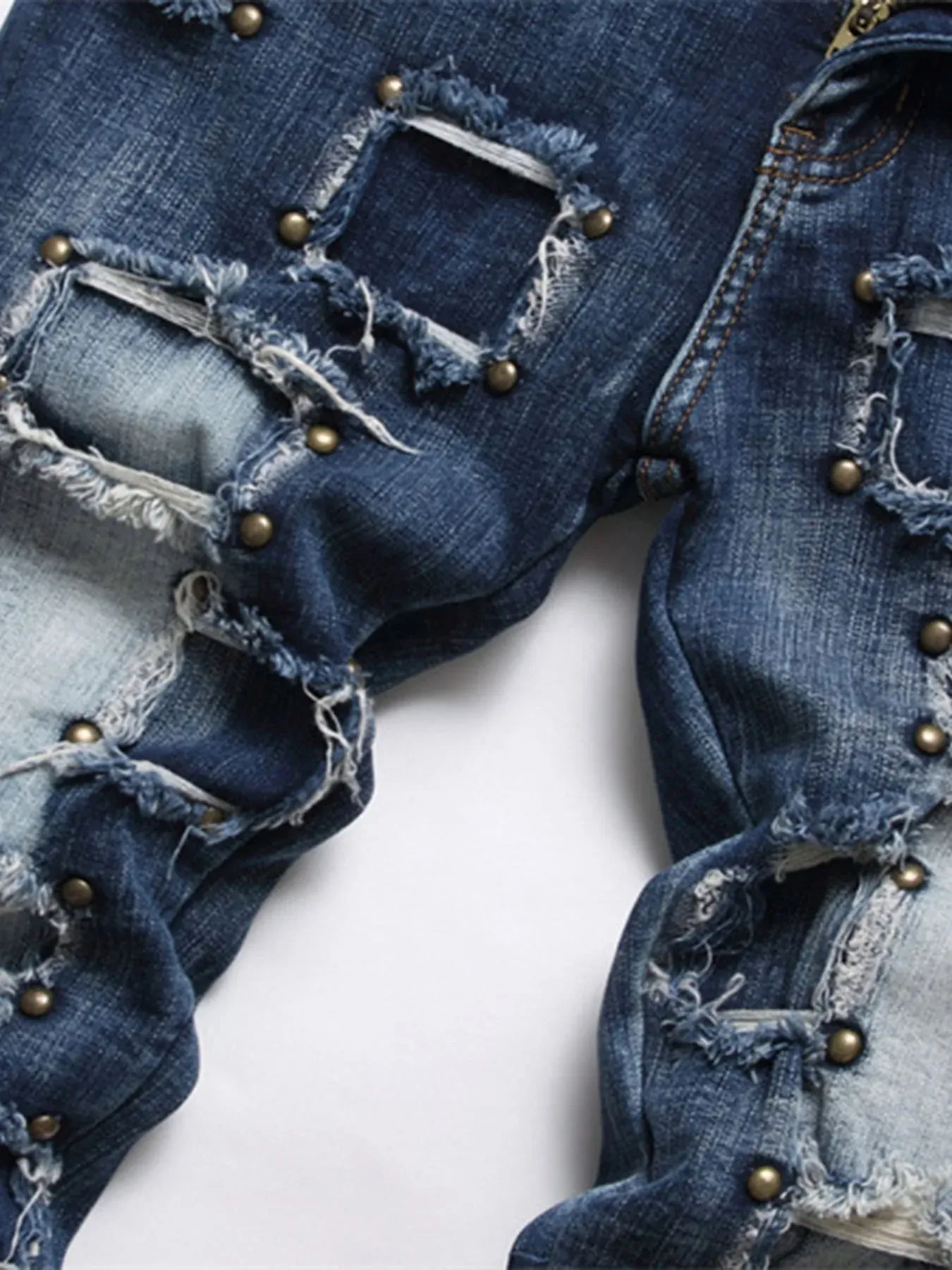 New punk men's jeans with nail beads multiple holes patchwork beggar style men's fashion street personality small straight