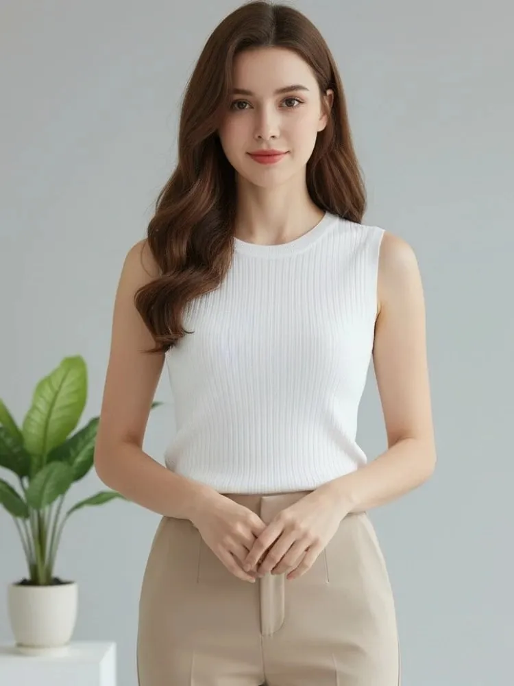 2026 Korea Knitted Vests Women Top Summer Sleeveless Blouse Women Tops Women O-neck Knitted Blouse Shirt Clothes