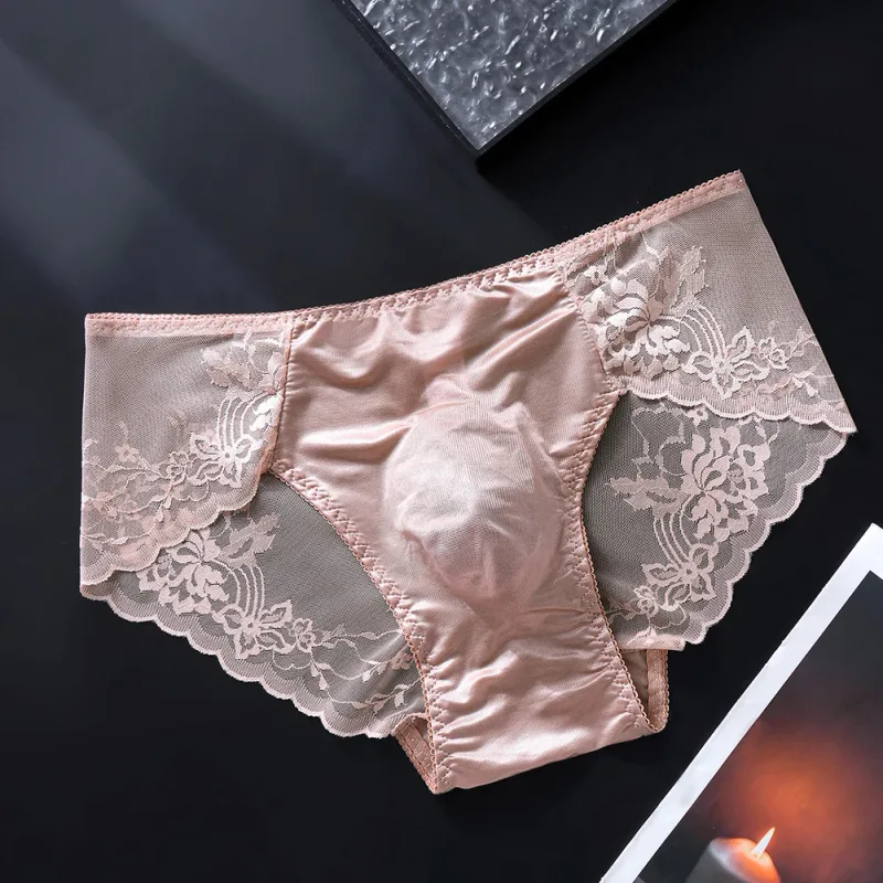 Cuecas masculinas de renda sem costura cuecas de seda gelada 3D bolsa com protuberância calcinha gay de cintura baixa
